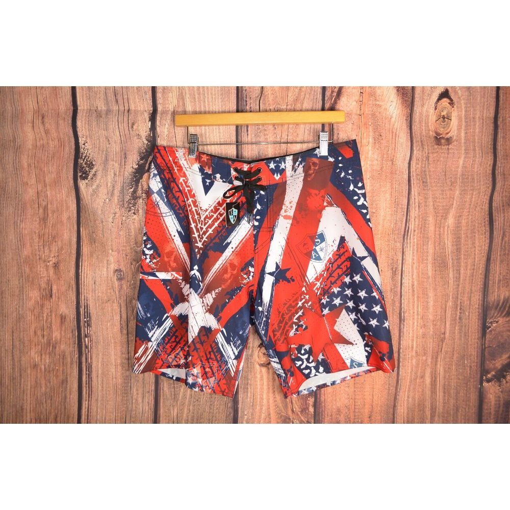 SA Co Trunks Men's 34 Board Shorts Gym Flag Pocket 9" inseam 4th of July‎